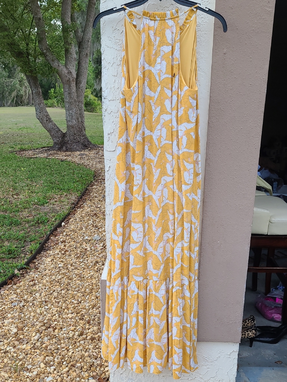 Boho Nine West Maxi Dress Long Halter Sleeveless Leaf Floral M Yellow White Tie - Picture 4 of 7